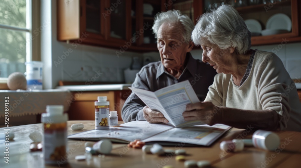 An elderly couple reading documents at a kitchen table, surrounded by various medicine bottles, highlighting themes of health, care, and companionship. An elderly couple reading documents at a kitchen table, surrounded by various medicine bottles, highlighting themes of health, care, and companionship.