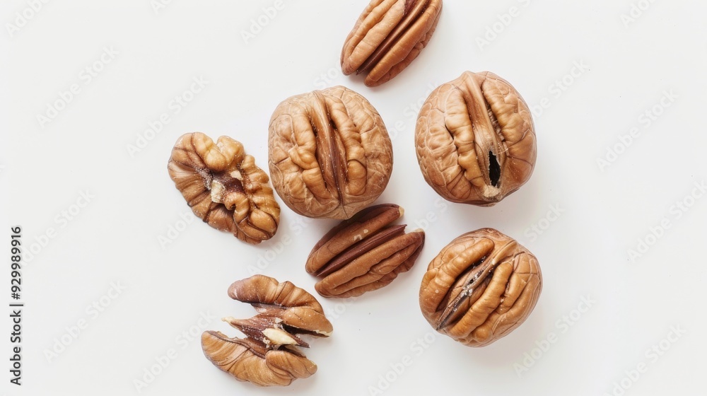 A top-down view of six pecan nuts on a clean white surface, showcasing their various shapes and split shells. A top-down view of six pecan nuts on a clean white surface, showcasing their various shapes and split shells.