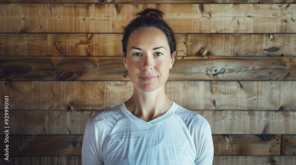 A woman stands against a rustic wooden wall, her calm demeanor and soft smile highlighted by the natural light, embodying simplicity and natural beauty. A woman stands against a rustic wooden wall, her calm demeanor and soft smile highlighted by the natural light, embodying simplicity and natural beauty.
