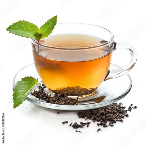 A cup of freshly brewed tea with loose tea leaves and a sprig of mint on a glass saucer.