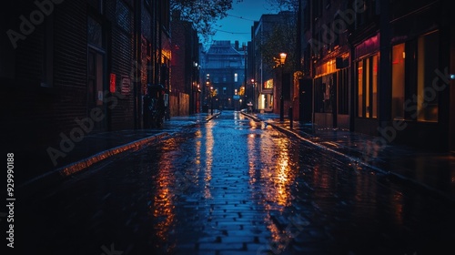 A moody, dark street at night with dim streetlights casting long shadows, wet pavement reflecting the soft glow of distant lights.