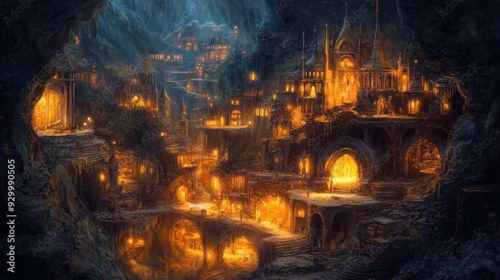 A mysterious underground city hidden deep within a vast cave, with dimly lit structures and winding pathways that hint at forgotten secrets. A mysterious underground city hidden deep within a vast cave, with dimly lit structures and winding pathways that hint at forgotten secrets.