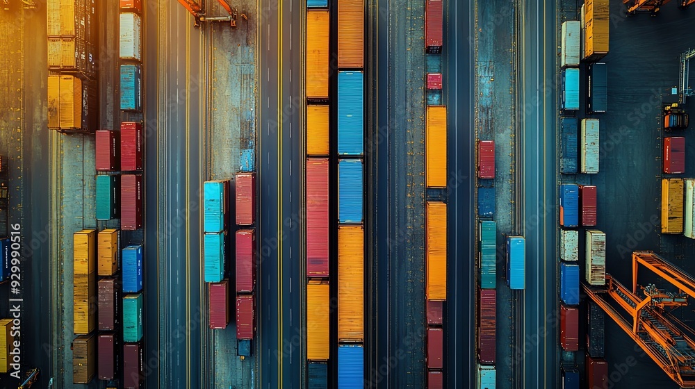 Aerial view of a logistics hub where rail lines and roads converge, facilitating efficient cargo transportation across multiple networks Rail Roads Cargo, Logistics hub