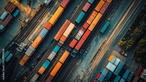 Aerial view of a logistics hub where rail lines and roads converge, facilitating efficient cargo transportation across multiple networks Rail Roads Cargo, Logistics hub