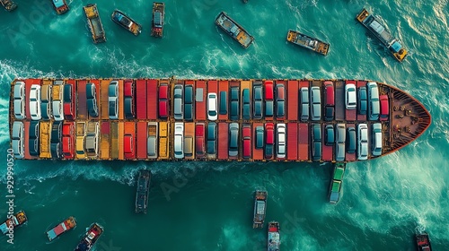 Aerial view of a massive cargo ship filled with cars, highlighting the scale and complexity of their shipping journey Car Shipping Journey, Aerial cargo