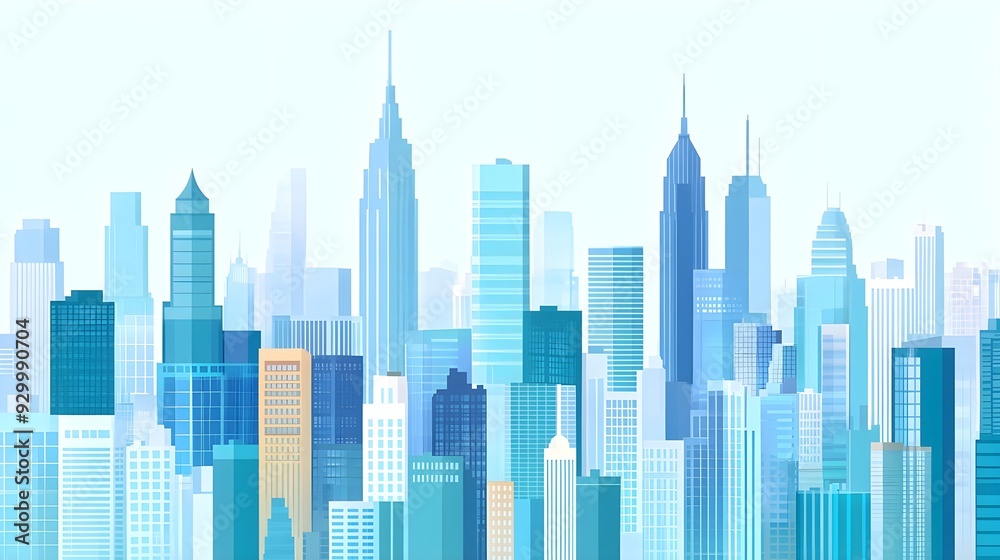 Naklejka premium Modern Cityscape Illustration, Blue Skyscrapers, Urban Design