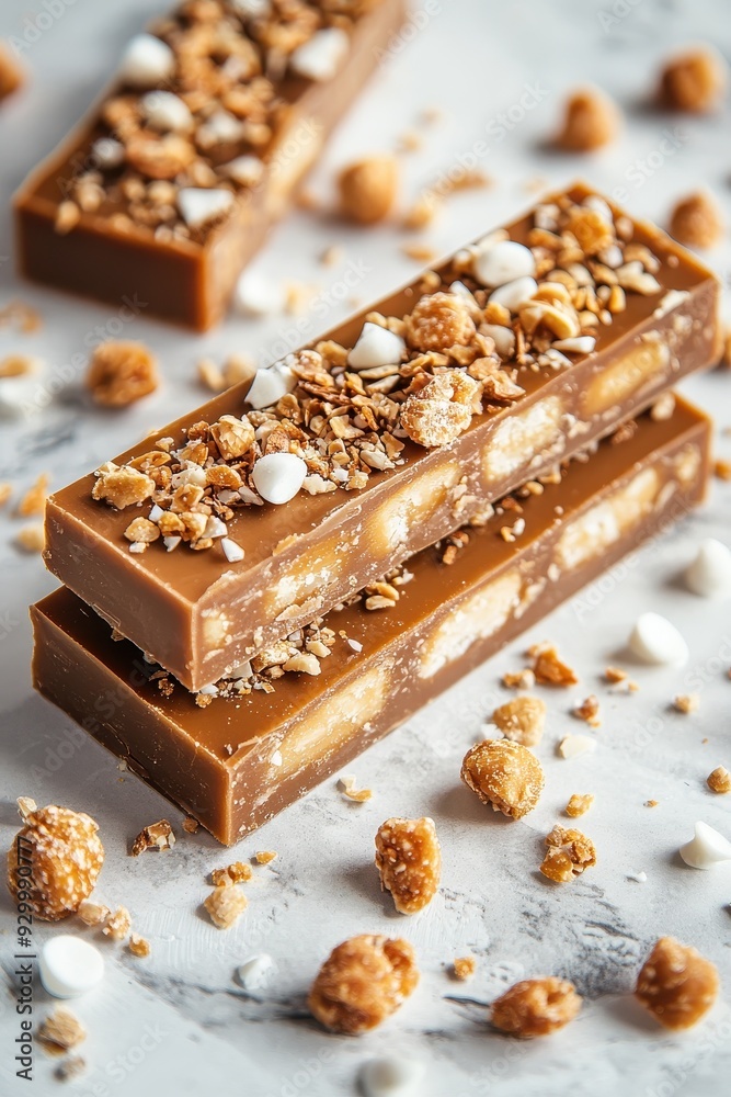 a broken caramel candy bar with crunchy toppings a broken caramel candy bar with crunchy toppings