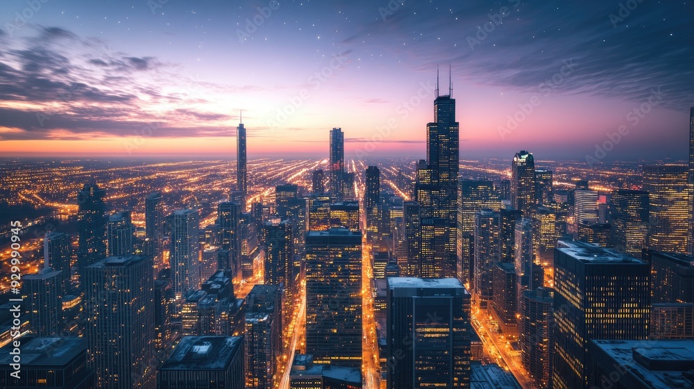 Naklejka premium A panoramic view of city lights sparkling like stars at dusk, with tall skyscrapers and a dreamy urban atmosphere.