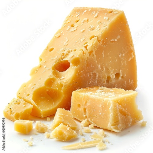 A large chunk of cheese with a smaller piece broken away from it. The cheese is yellow and has a few holes in it.