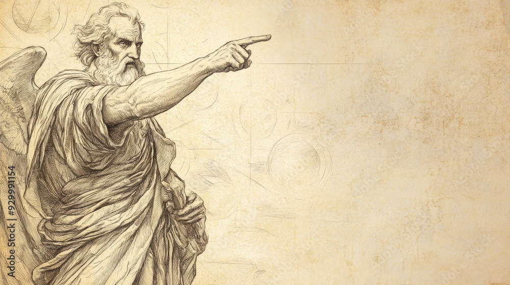 Naklejka premium Biblical Illustration of The Heavenly Court - Satan Pointing Towards Earth, Making His Case Against Job Before the Heavenly Court, Beige Background