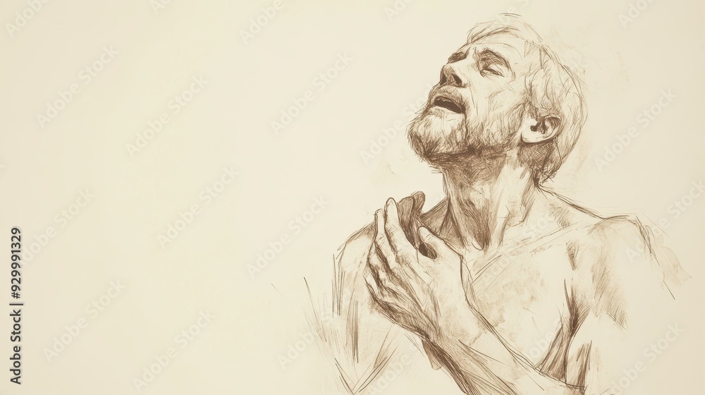 Fototapeta premium Biblical Illustration of Job’s Painful Reply - Job with a Pained Expression, Holding His Chest as He Speaks of the Agony He Feels Physically and Spiritually, Beige Background