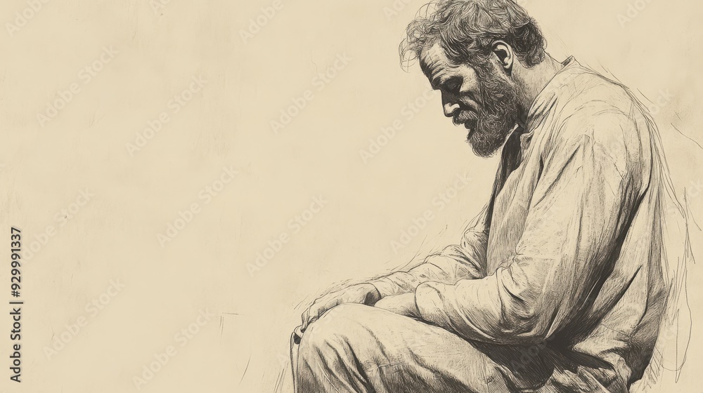 Fototapeta premium Biblical Illustration of Job Replies to His Friends - Job Sitting Alone, Reflecting on His Isolation with a Soft but Resolute Voice, Beige Background