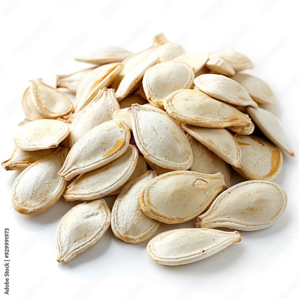 A pile of white pumpkin seeds on a white background, showcasing healthy, nutritious, and organic snacking options for a healthy lifestyle. A pile of white pumpkin seeds on a white background, showcasing healthy, nutritious, and organic snacking options for a healthy lifestyle.