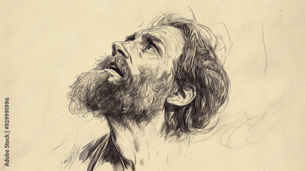 Fototapeta premium Biblical Illustration of Job’s Desire for Relief - Speaking Softly to God, Seeking Peace Amidst Relentless Suffering, Beige Background