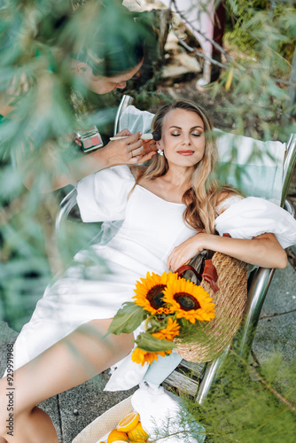 photo in Italian style with a sexy young woman in a light summer dress a peasant woman picking fruits