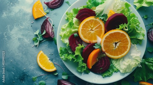 Wallpaper Mural A crisp and colorful salad featuring beets, orange slices, and leafy greens, arranged on a blue background, exuding freshness and zest. Torontodigital.ca