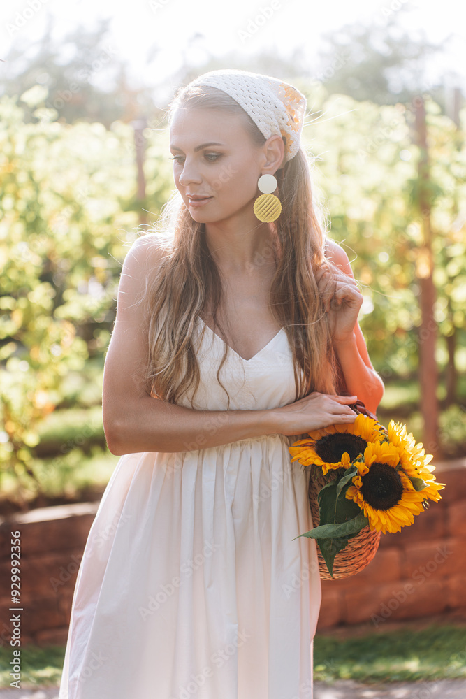 photo in Italian style with a sexy young woman in a light summer dress a peasant woman picking fruits
