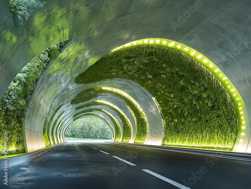 Artistic rendering of an ecofriendly commuter tunnel, lined with green technologies to reduce the environmental impact of urban transport Commuter Tunnels Transport, Green tunnel photo