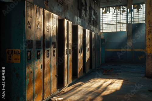 Desolate Scene of Open Lockers in an Abandoned Sports Facility photo