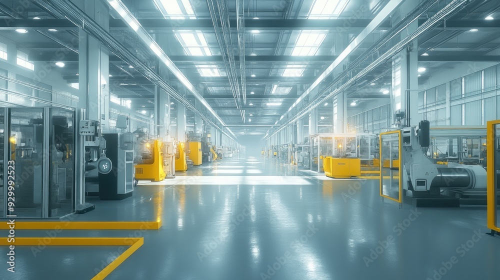A spotless factory floor with clean, organized machinery and bright overhead lights, creating an orderly industrial environment.