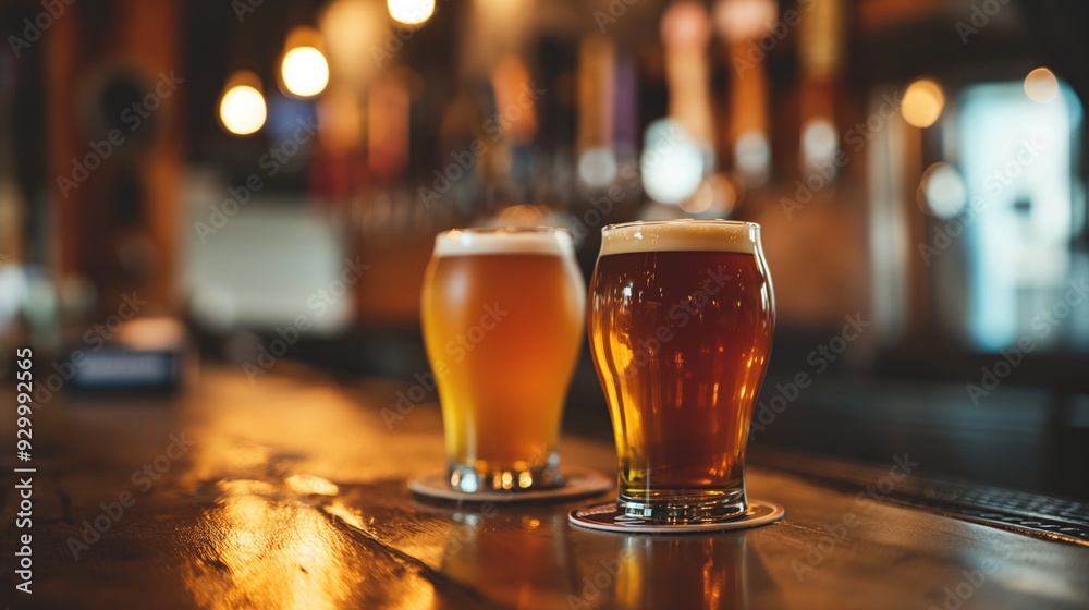 Two Draft Beers on Bar Two Draft Beers on Bar