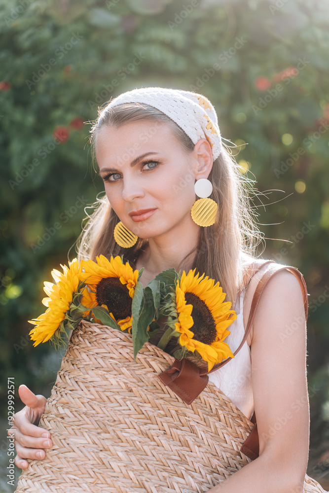 photo in Italian style with a sexy young woman in a light summer dress a peasant woman picking fruits