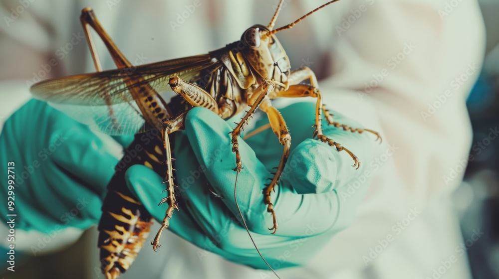 Naklejka premium A close-up of a scientist in protective gear holding a large cricket, focusing on the detailed features of the insect in a laboratory environment.