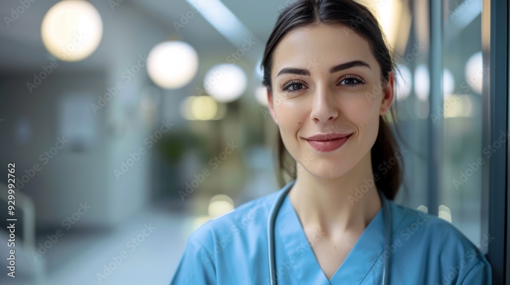 Fototapeta premium A young nurse in aquamarine green scrubs stands in a softly lit hospital corridor, her genuine smile reflecting friendliness and compassion.