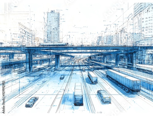 Conceptual blueprint of a multimodal transportation hub, where haulage trucks, subways, and highways connect for seamless cargo distribution Subway Highways Haulage, Multimodal hub