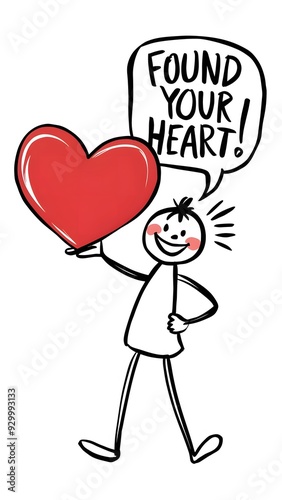 A playful and quirky sticker-style drawing featuring a stick-figure character holding up a giant heart.