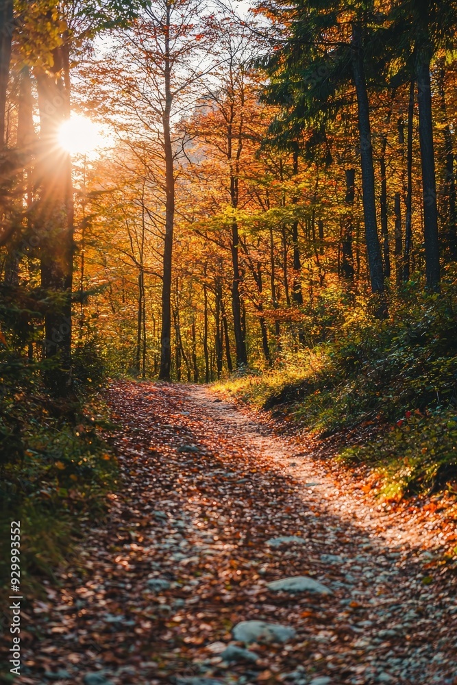 Fototapeta premium As the morning sun shines through branches and vivid gold and red fall leaves, an autumn forest is illuminated by rays of warm sunlight.