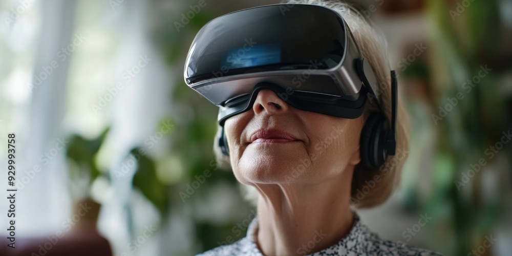 Fototapeta premium Tech-Savvy Senior Woman Immersed in VR Experience
