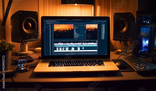 Laptop with video editing software open on the screen, on a desk in a dark room with warm lighting, in a video lab environment.