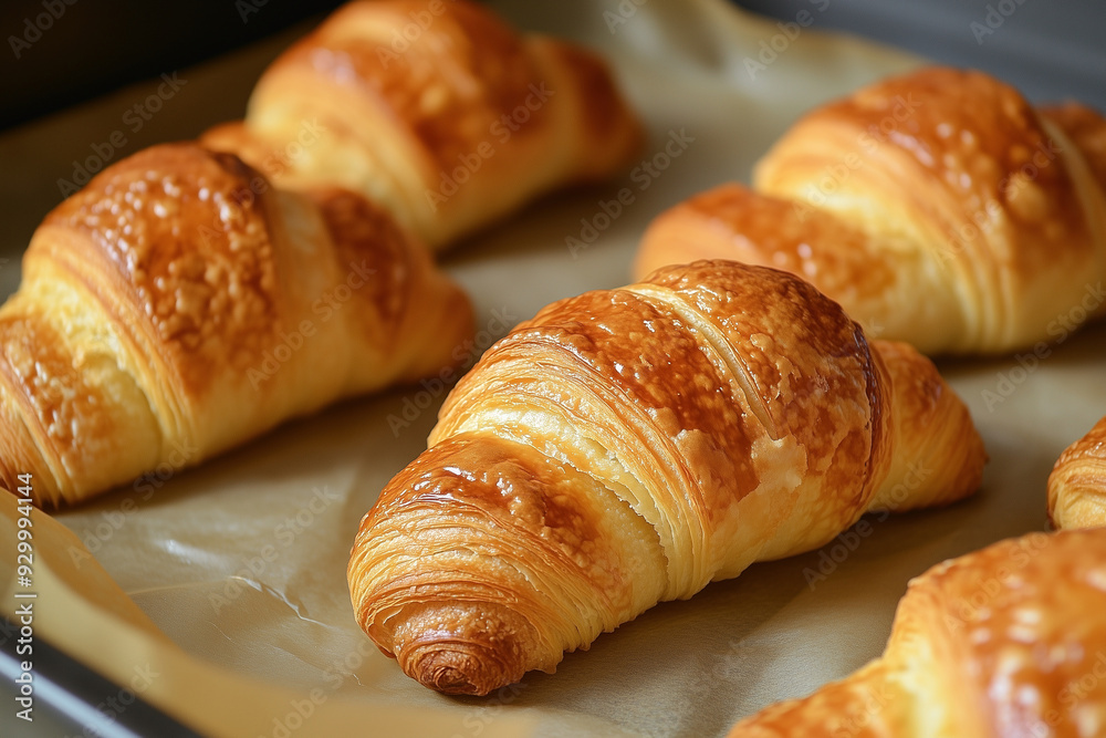 Freshly baked croissants on baking paper Freshly baked croissants on baking paper