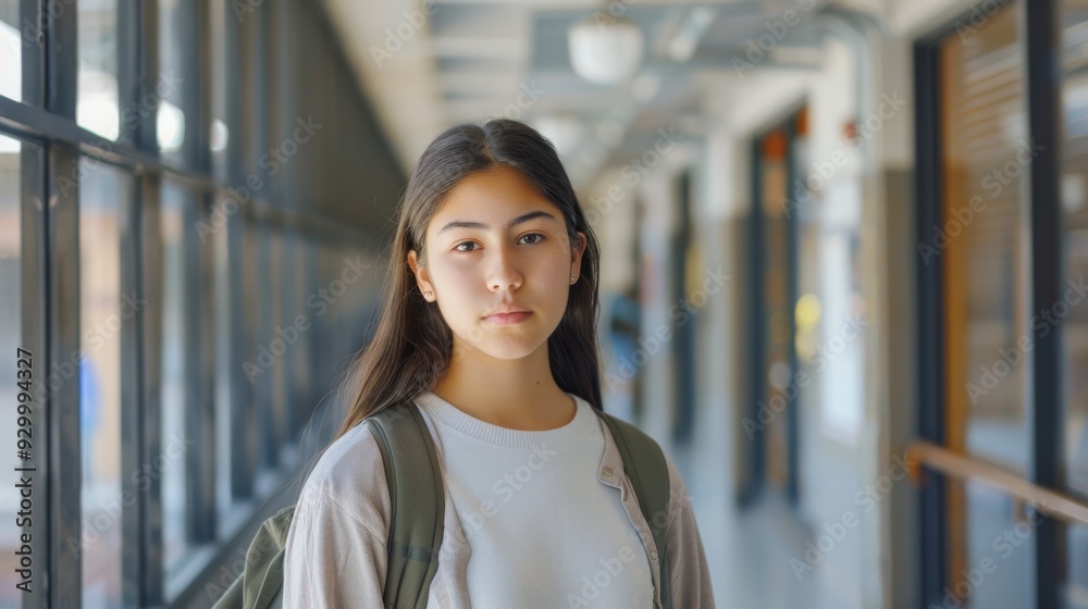 A young woman with long hair, wearing a white shirt and green jacket, stands confidently in a brightly lit school corridor looking directly at the camera.