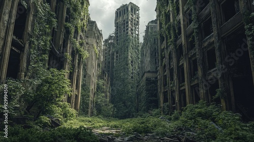 An abandoned cityscape where nature has taken over, with towering buildings enveloped by trees, vines, and a haunting silence.