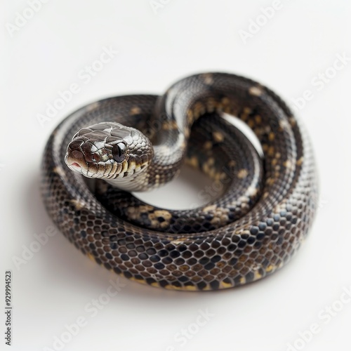 Close-up of a coiled black and white snake with intricate scales, isolated on a plain white background. photo