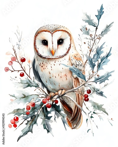 Watercolor illustration of a white barn owl perched on a branch with red berries.