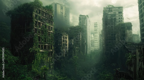 An abandoned cityscape where nature has taken over, with towering buildings enveloped by trees, vines, and a haunting silence.