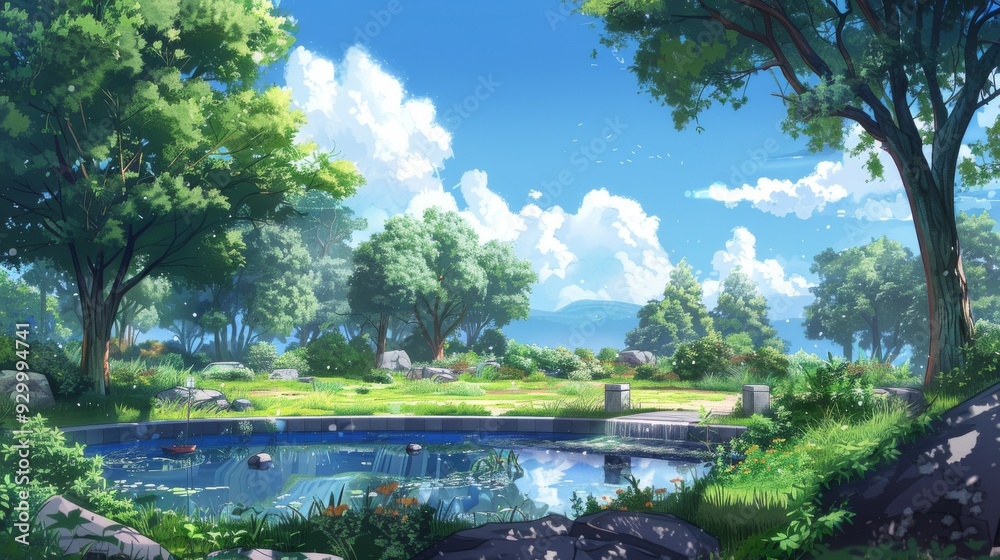 Fototapeta premium An anime-style park background featuring towering trees, flowers, and a sparkling sky. Perfect for creating fantasy themed designs.