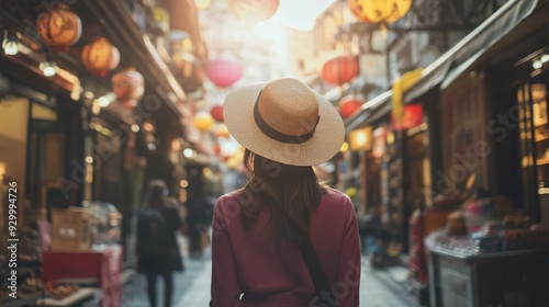 An Asian woman in a stylish outfit, walking through a picturesque city street, capturing the essence of travel lifestyle in a panoramic view.