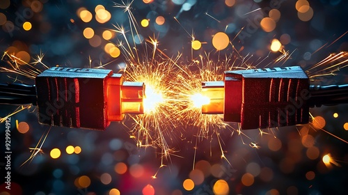 ethernet Cables with Sparks Flying at Connection  photo