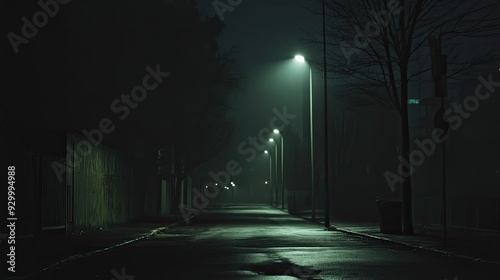 An eerie dark street at night, with only a few scattered lights, deep shadows, and a sense of solitude in the empty urban space.