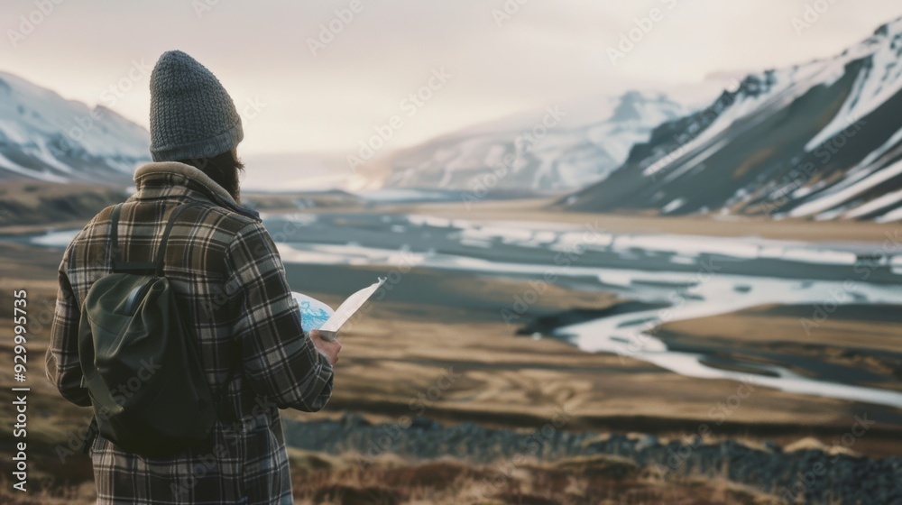 A solitary figure in a plaid coat and knit hat studies a map against the backdrop of a vast mountain landscape, suggesting a journey or exploration. A solitary figure in a plaid coat and knit hat studies a map against the backdrop of a vast mountain landscape, suggesting a journey or exploration.