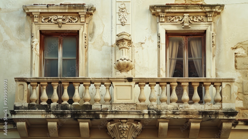 Obraz premium Ornate balcony facade of an aged building, featuring decorative elements and weathered textures, telling a story of historical architecture and era.