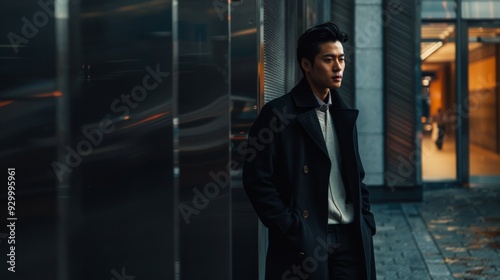 Wallpaper Mural A contemplative man in a black coat stands in an urban setting, bathed in the soft glow of city lights reflecting off a glass facade. Torontodigital.ca