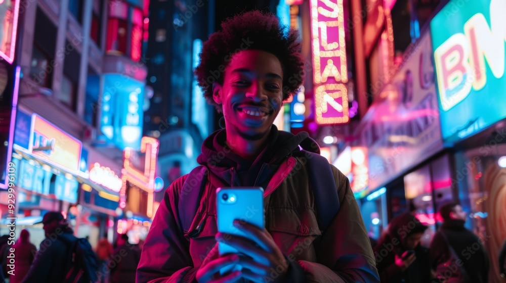 Obraz premium A person smiling and holding a phone while standing in a vibrant, neon-lit city street at night.