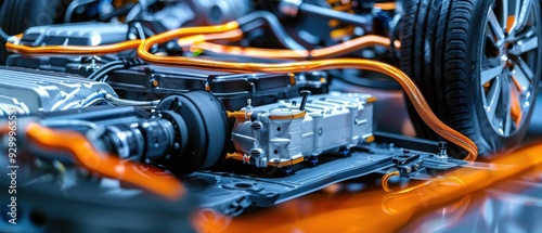 A car engine with orange wires coming out of it