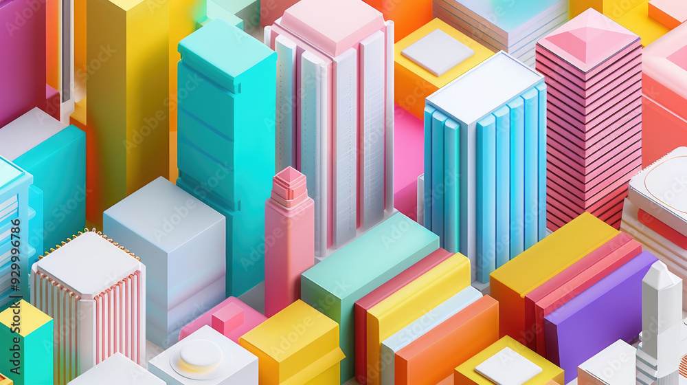 An array of colorful geometric buildings creates a vibrant cityscape in a digital artwork An array of colorful geometric buildings creates a vibrant cityscape in a digital artwork