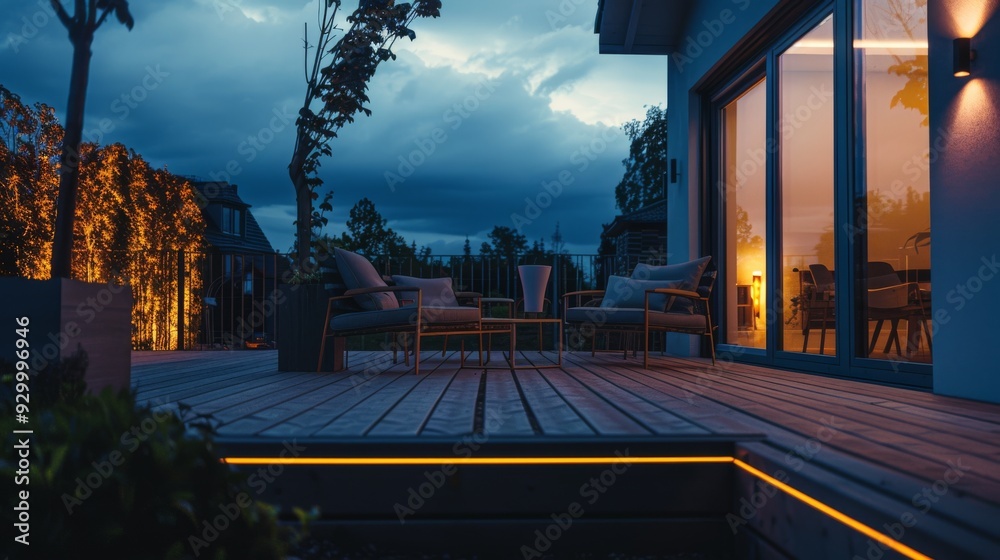 Fototapeta premium A contemporary deck at twilight, with elegant seating arrangements, subtle lighting, and an inviting atmosphere perfect for evening relaxation.